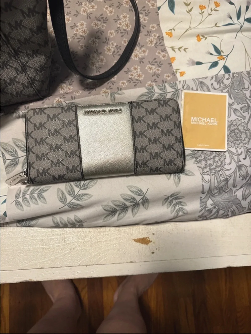 Michael Kors Gray MK Signature Tote with Black Trim and Silver Hardware